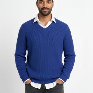 New Huyton Union Cashmere Merino Wool, Rib Knit Sweater. Royal Blue, Size: S
